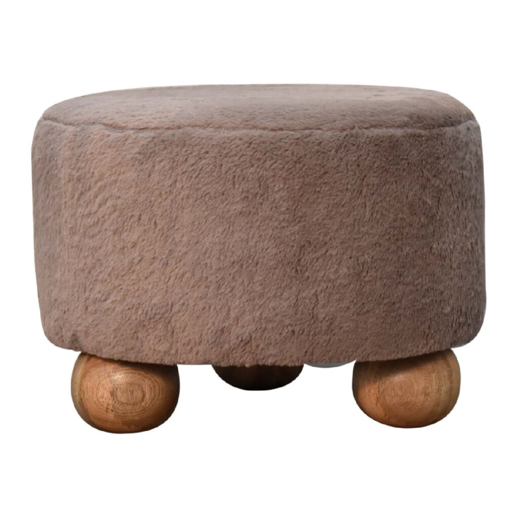Mocha Faux Fur Round Ball Footstool - Image 2