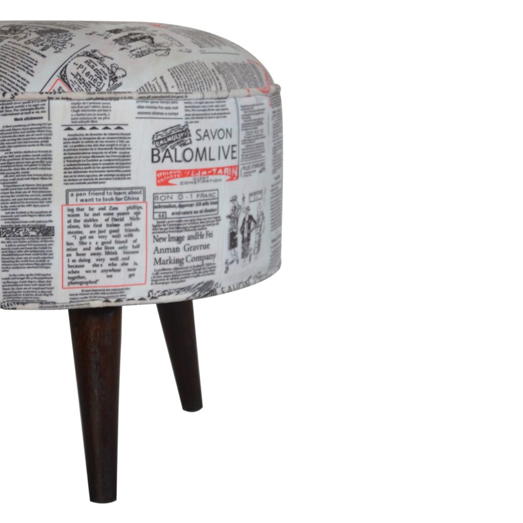 IN1018 - Round Footstool with News Print Velvet - Image 6