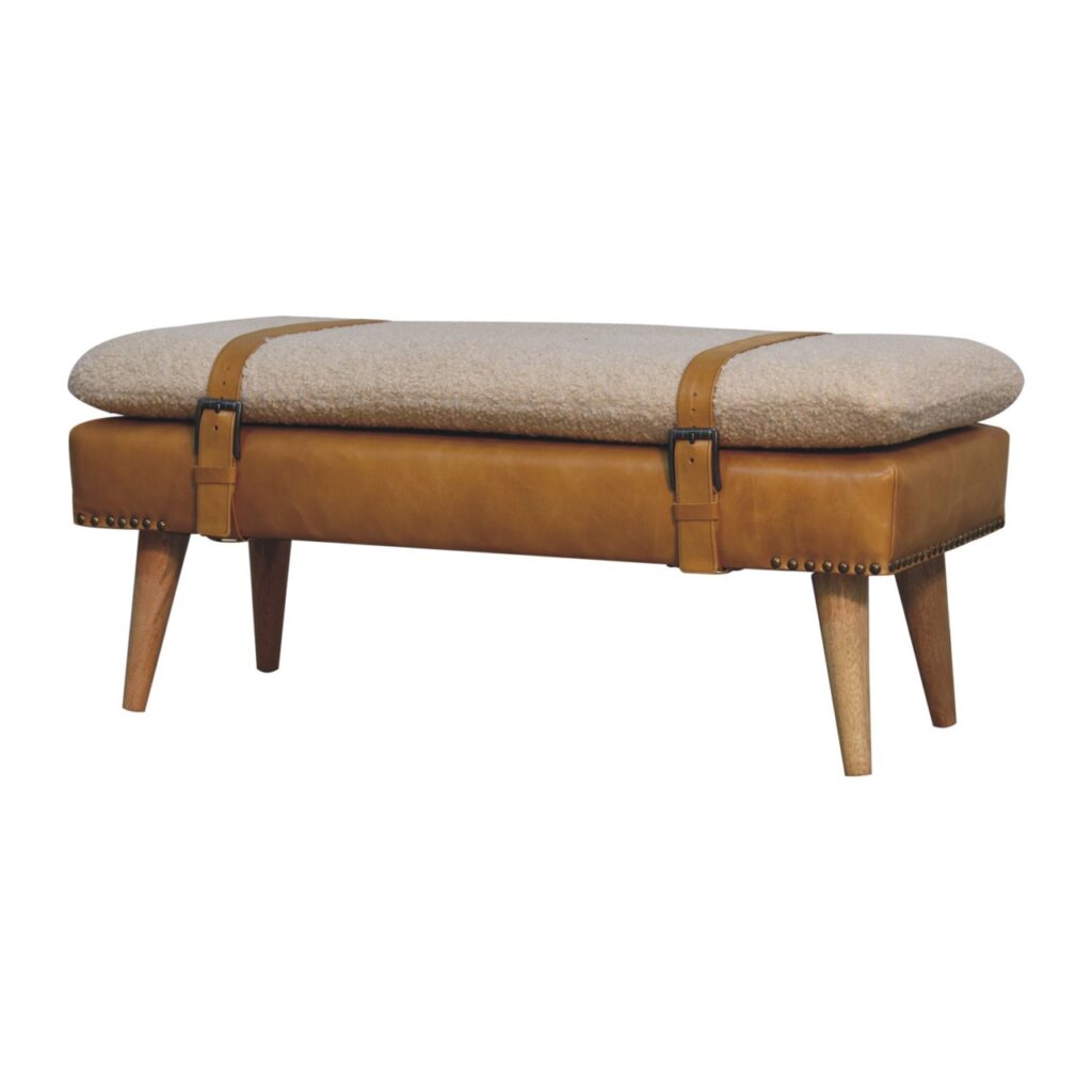 Bouclé Buffalo Hide Olive Green Leather Bench - Image 10