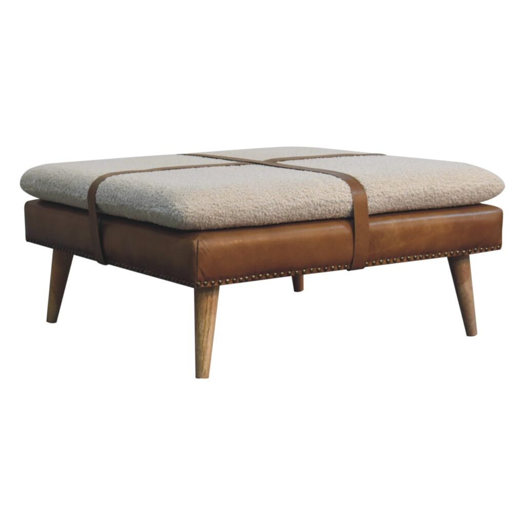Large Square Bouclé Buffalo Hide Brown Leather Footstool - Image 4